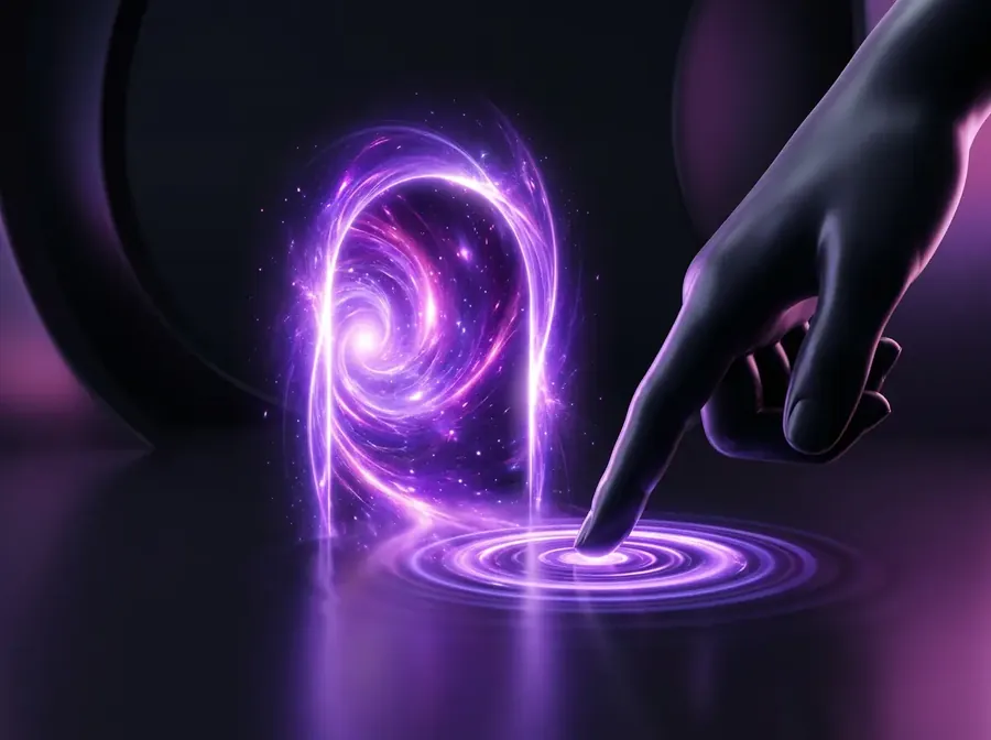 Toque abrindo um portal de luz violeta
